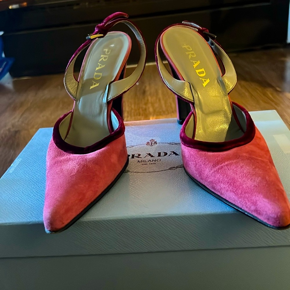 Ladies,  Prada hot pink suede with burgundy velvet trim.